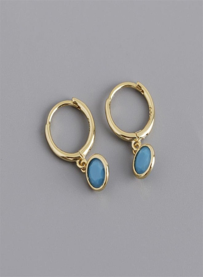 Dtja Dainty Bezel Hoop Earrings for Women Girls 925 Sterling Silver Hypoallergenic 6mm Round CZ Birthstone Charms Dangle Drop Cartilage Small Hoops Huggie Jewelry Cute Birthday Holiday Homecoming BFF Gifts (Gold Turquoise) - Image 4